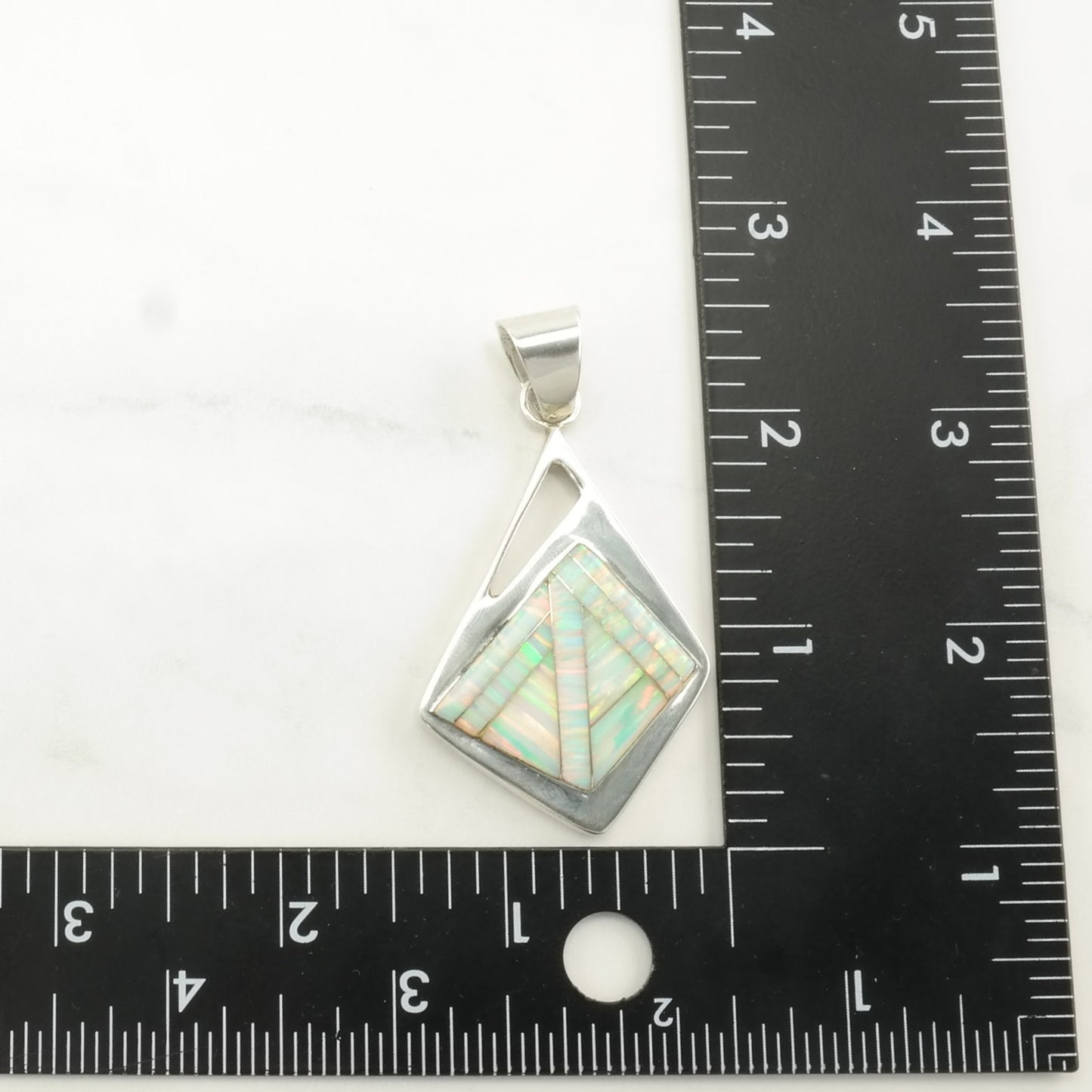 Vintage Lab Opal, Inlay Modernist Sterling Silver Pendant