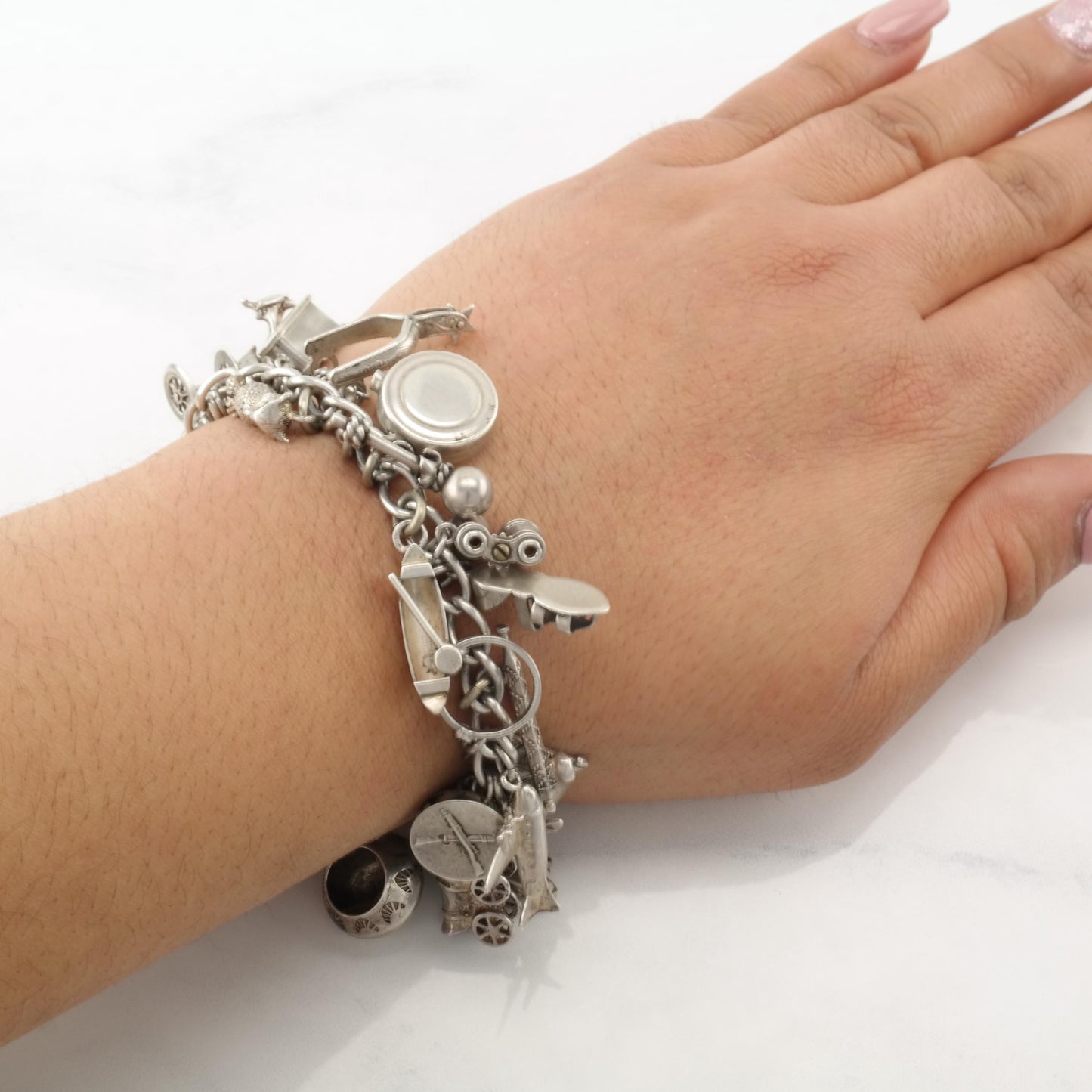 WWII Era Sterling Silver 32 Charms Bracelet Western, Military & Misc