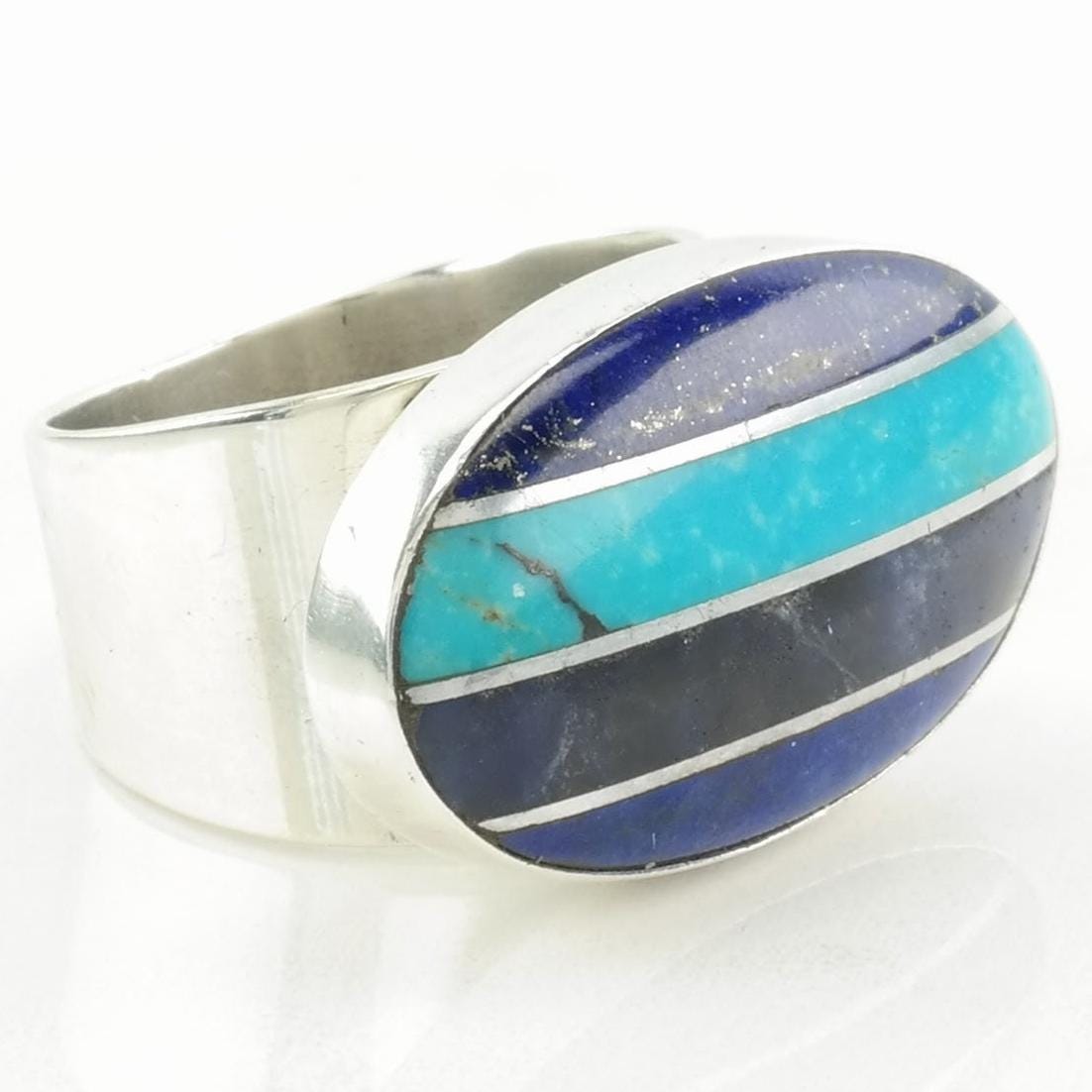 Vintage DTR Silver Ring Turquoise, Lapis Lazuli Inlay, Striped Sterling Blue Size 7 1/4