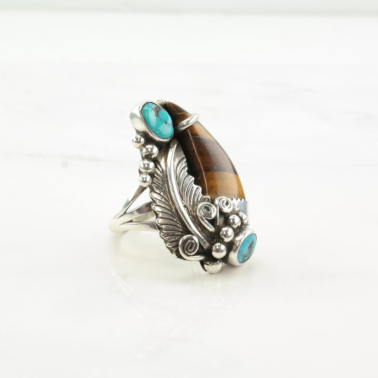 Vintage Native American Silver Ring Turquoise Tiger Eye Leaf Swirl Sterling Size 8 3/4
