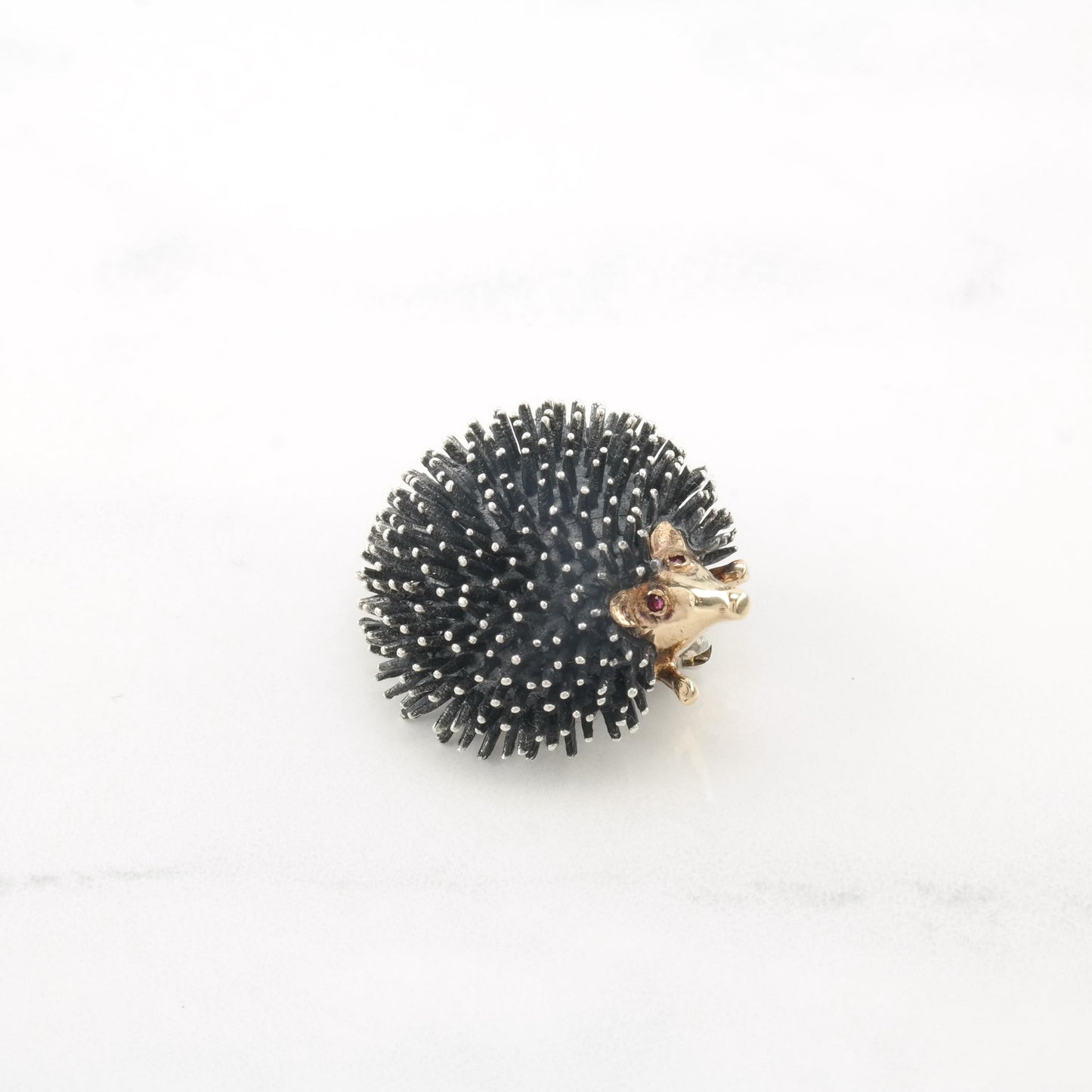 WE, Signed 14k Gold Accent Sterling Silver Ruby Hedgehog Brooch