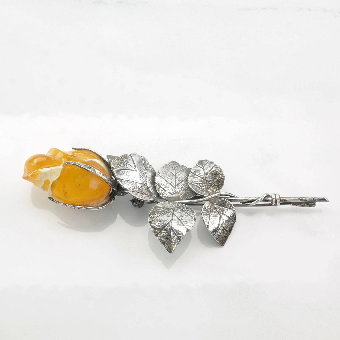 European Sterling Silver Brooch Rose, Floral Butterscotch Amber