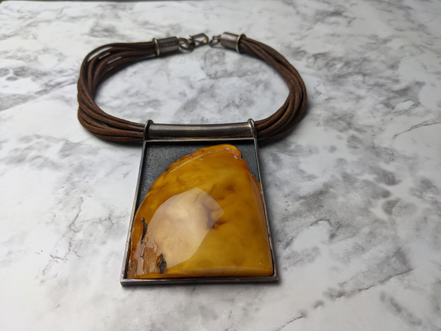 Modernist Amber, Leather and Sterling Silver Necklace