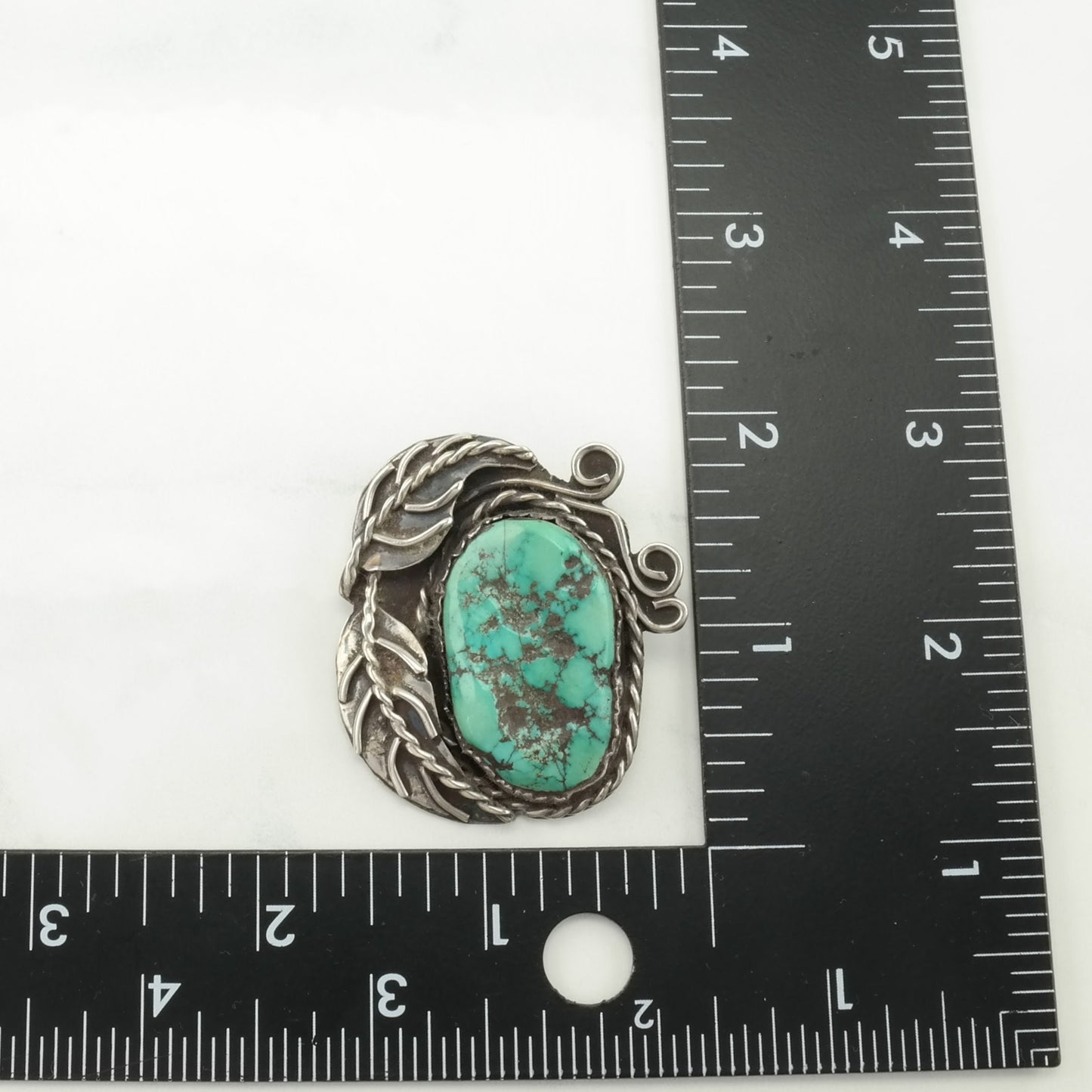 Vintage Native American Turquoise Leaf, Large Sterling Silver Pendant