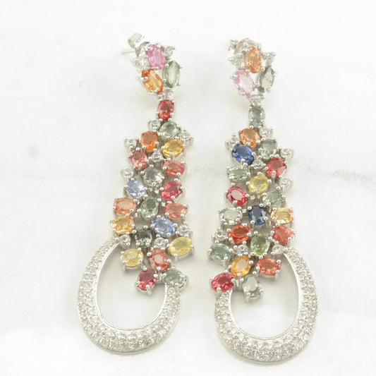 Sterling Silver Multicolor Sapphire Cluster Earrings Stud/Dangle