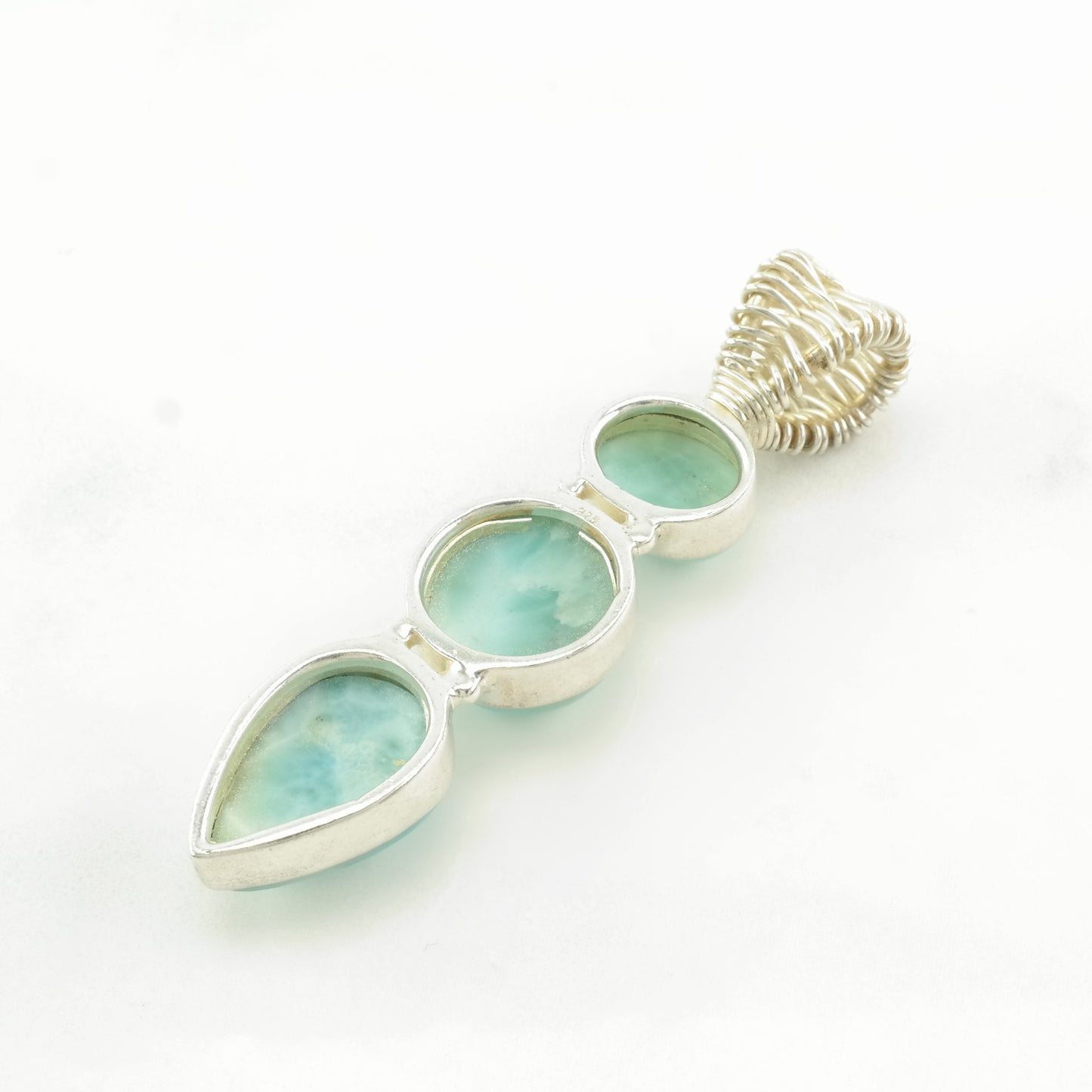 Vintage Larimar Wire Wrapped Bale Sterling Silver Pendant