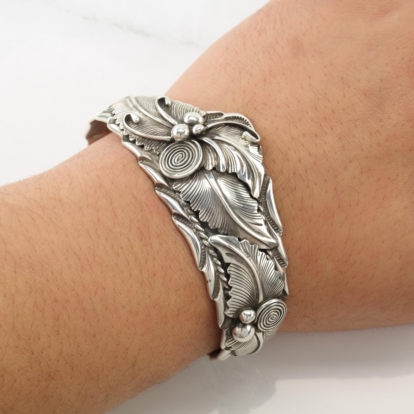 Signed Floral Cuff Bracelet Sterling Silver