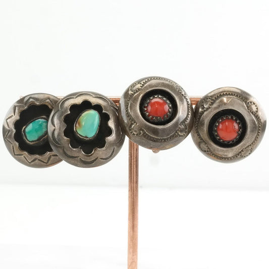 Choice of Vintage Sterling Silver Screw Back Earrings Native American Blue, Red Turquoise, Coral Shadowbox