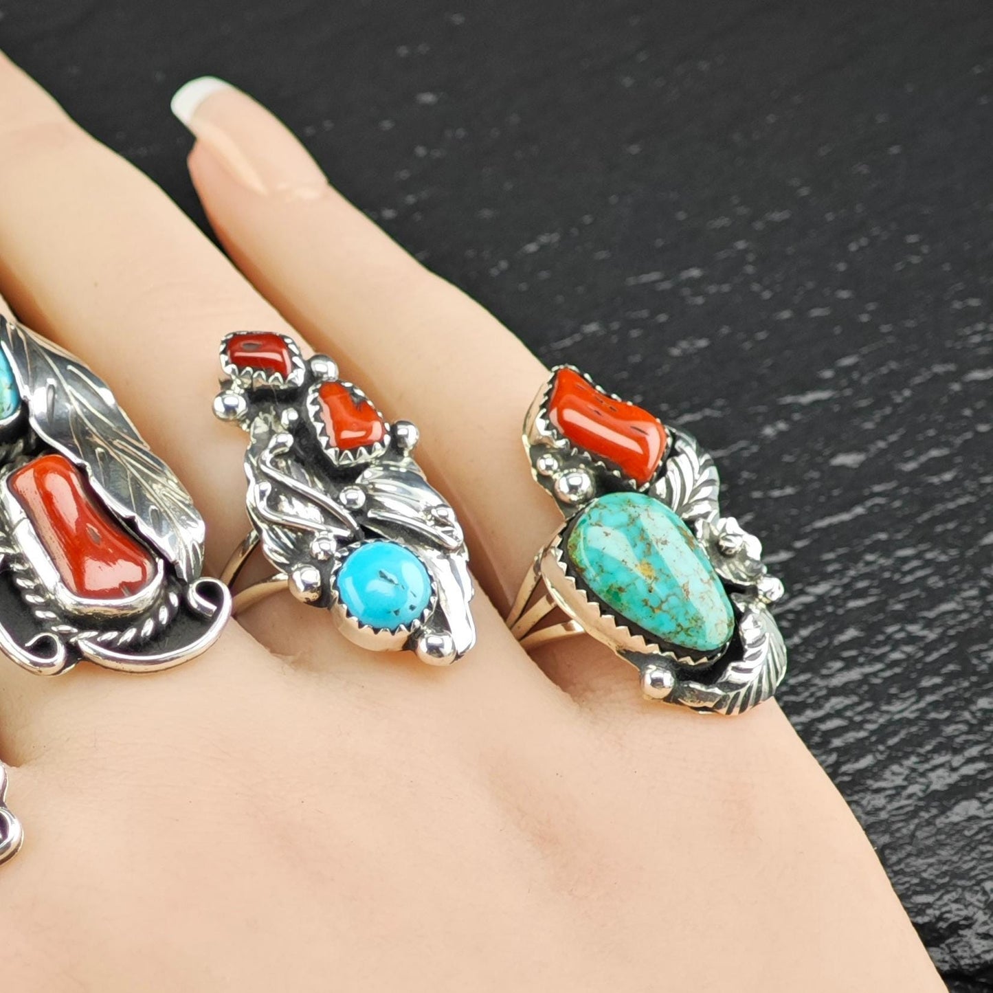 Turquoise Coral Native American Ring Sterling Silver Size 6 3/4 R5828