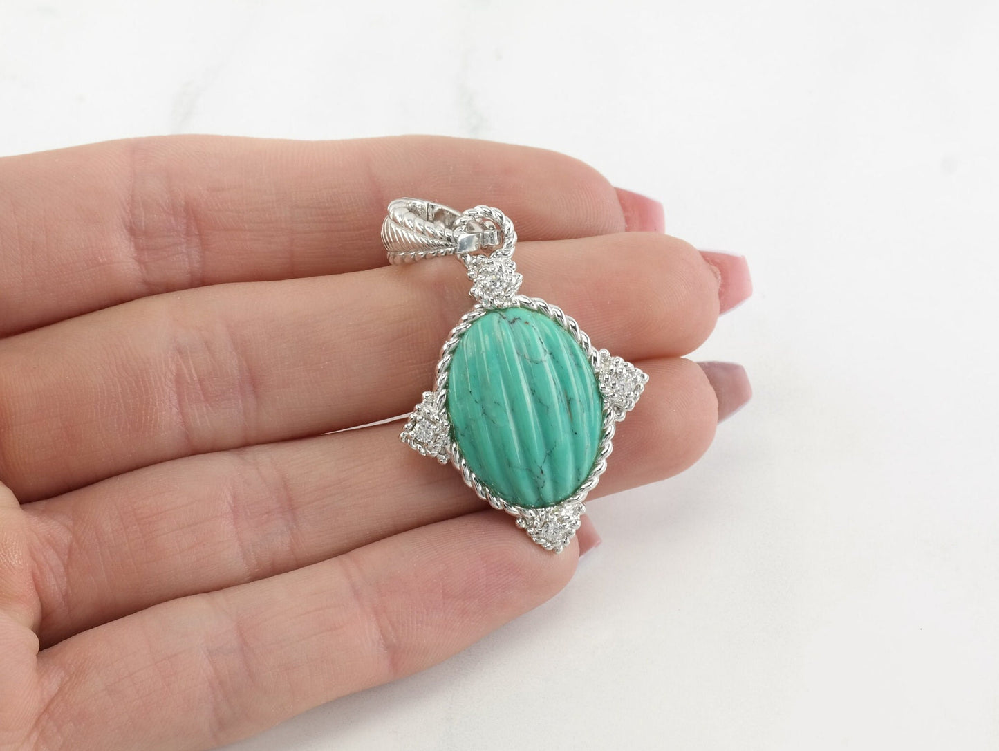 Vintage Judith Ripka Carved Turquoise CZ Sterling Silver Pendant