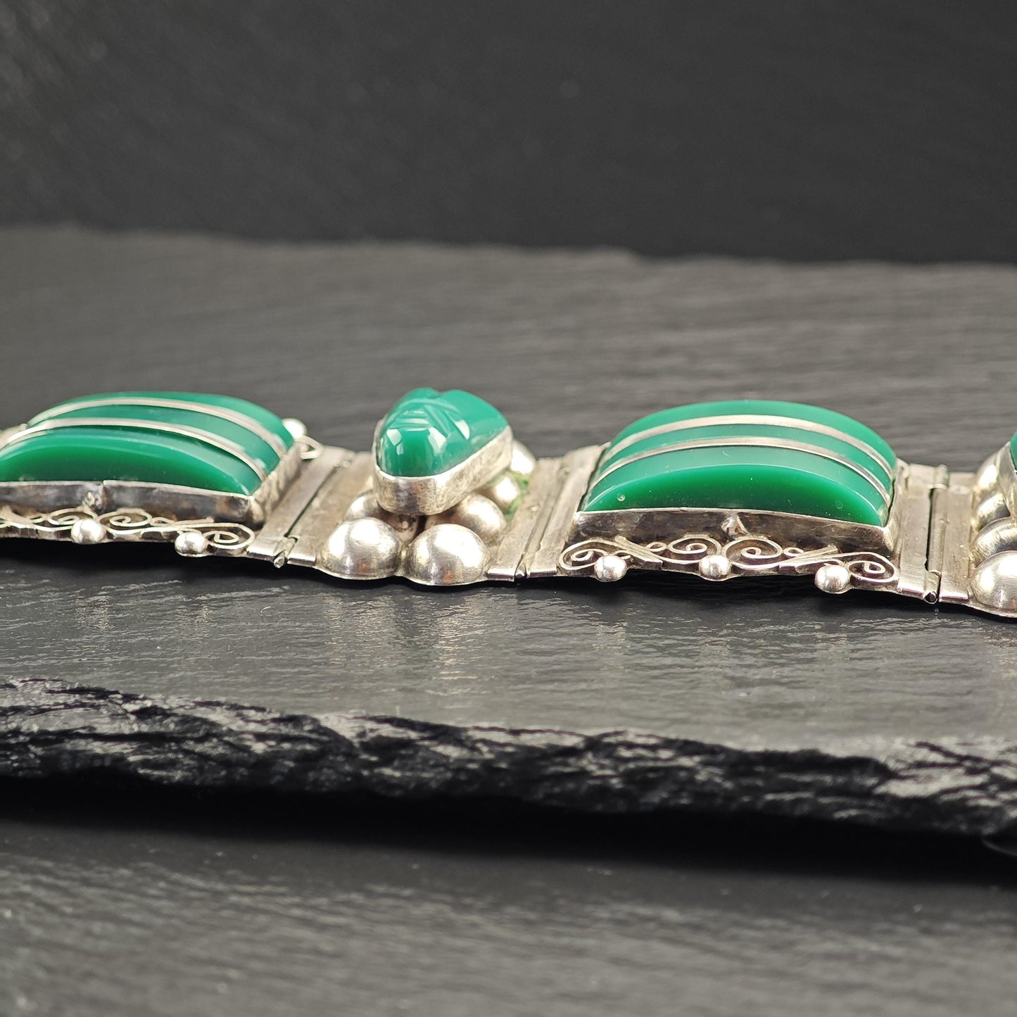 AS IS Vintage Mexican Green Onyx Link Bracelet Sterling Silver