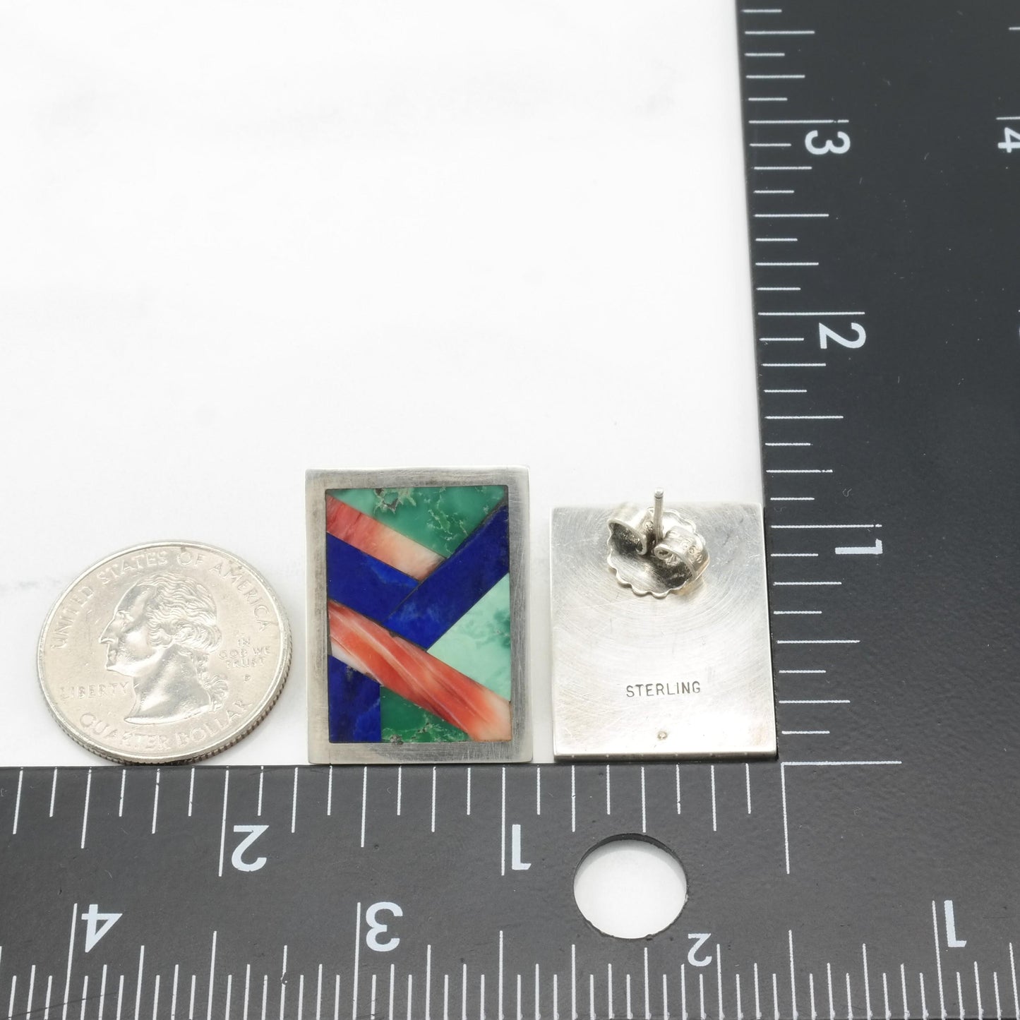 Vintage Native American Inlay Stud Earrings Sterling Silver Turquoise Spiny Oyster Lapis ER2785