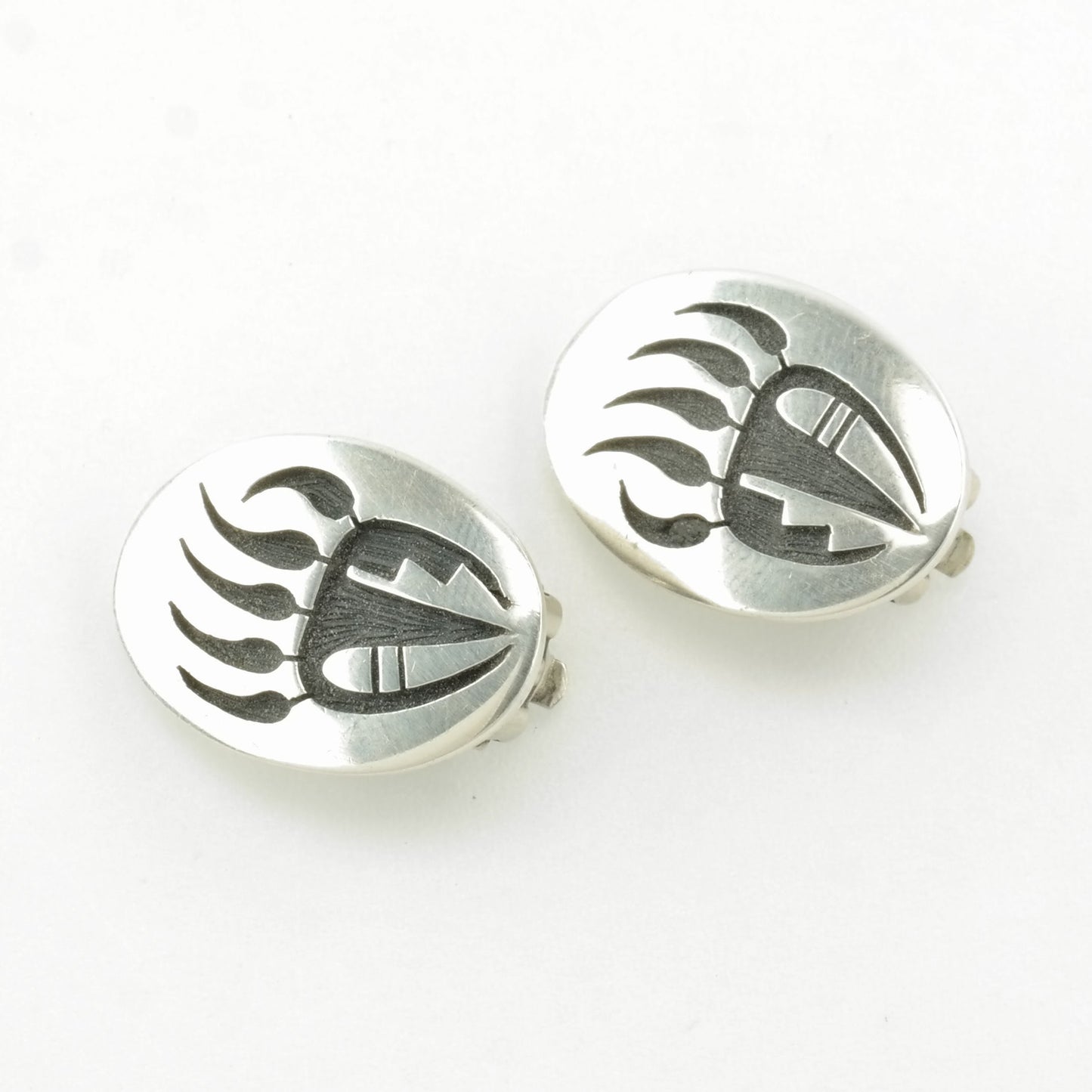 Hopi Sterling Silver Bear Paw, Overlay Earrings Clip on