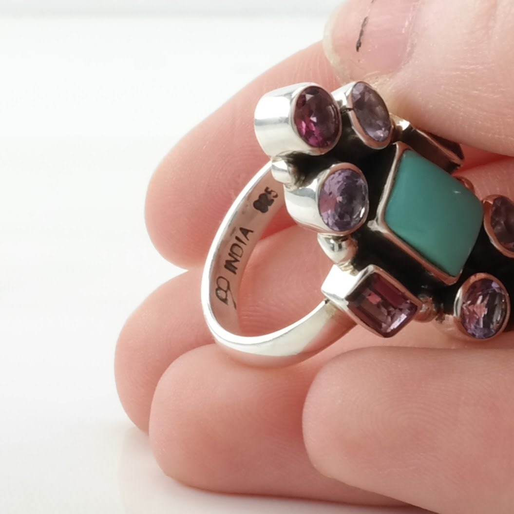 Vintage Nicky Butler Silver Ring Turquoise, Garnet, Amethyst Cluster Sterling Size 6