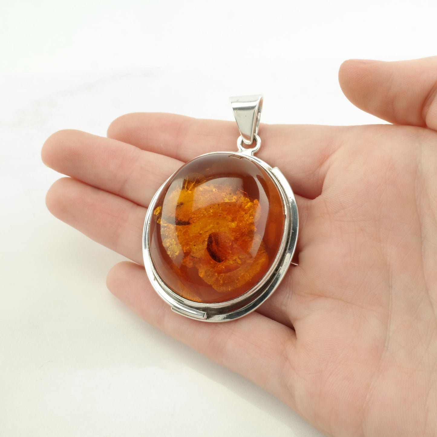 Vintage Amber Large Sterling Silver Pendant
