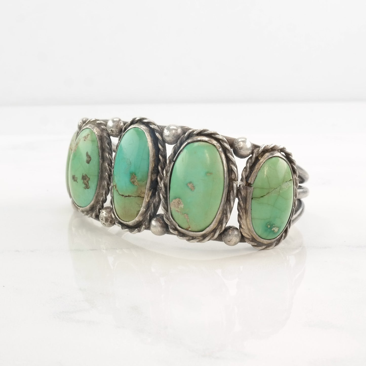 Early, Native American Sterling Silver Cuff Bracelet Cerillos, Turquoise 5 Stone