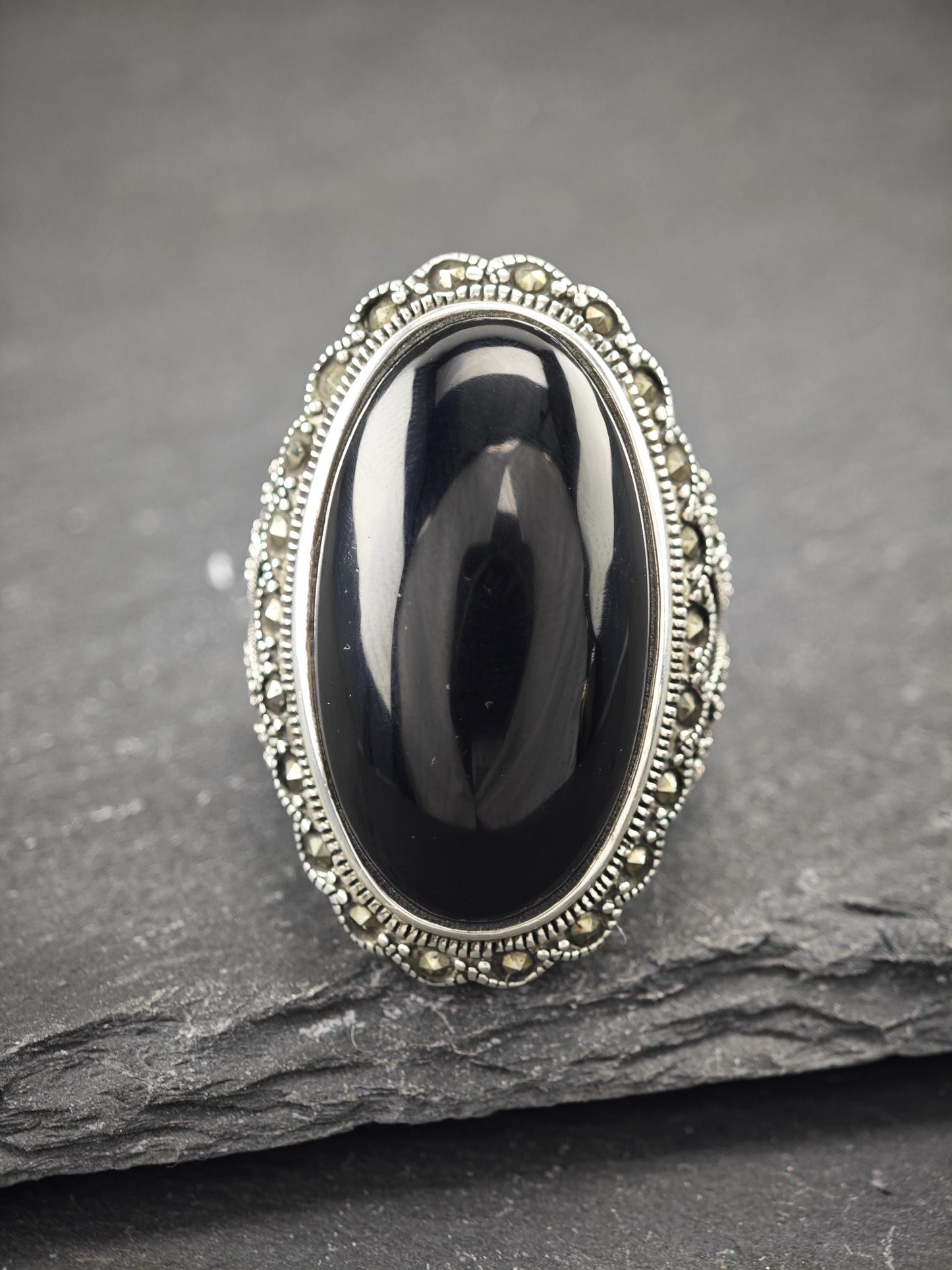 Vintage Black Onyx, Oval Ring Sterling Silver