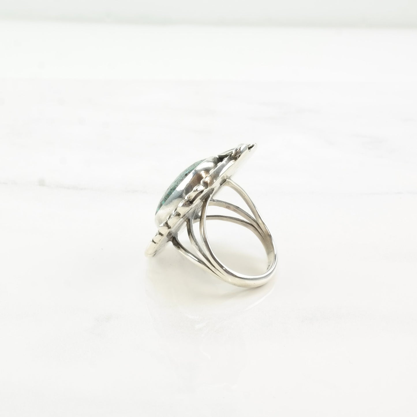 Vintage Navajo Silver Ring Spiderweb Turquoise Leaf Sterling Size 7 1/4