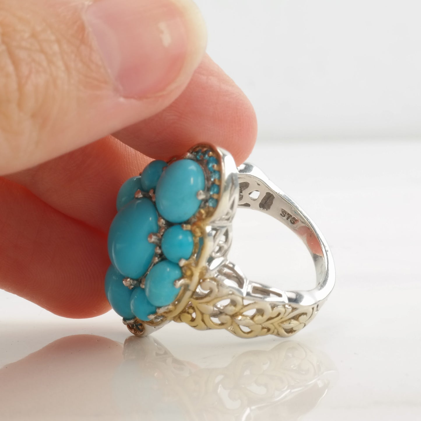 Vintage STS Ring Turquoise Apatite Two Tone Sterling Silver Size 7