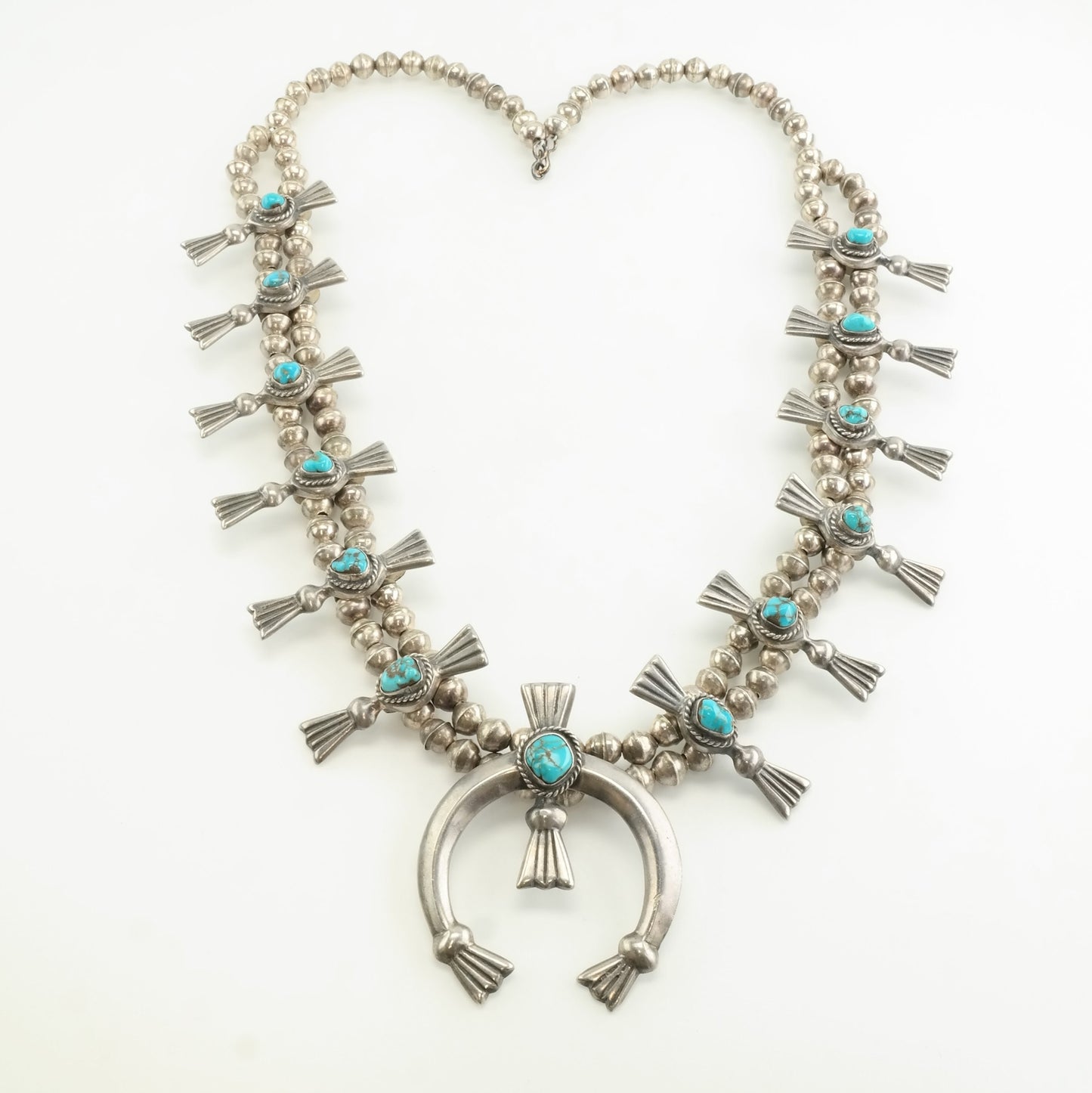 Vintage Native American Sterling Silver Gem Turquoise Squash Blossom Necklace