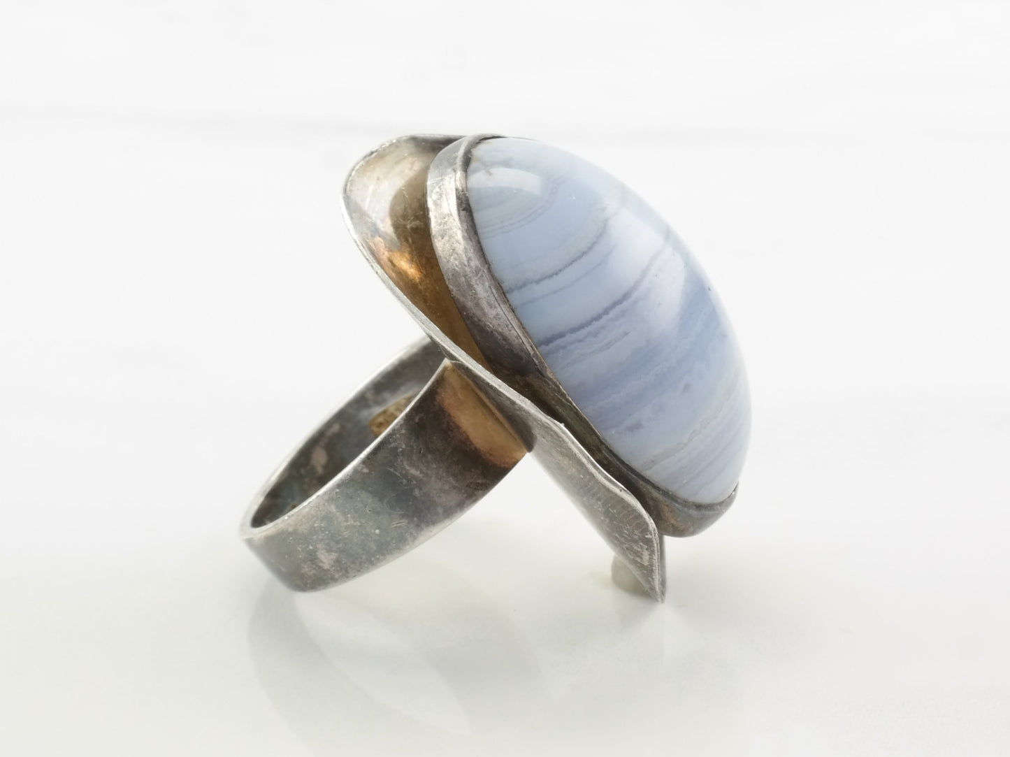 Vintage Modernist Silver Ring Blue Lace Agate Modernist Sterling Size 5