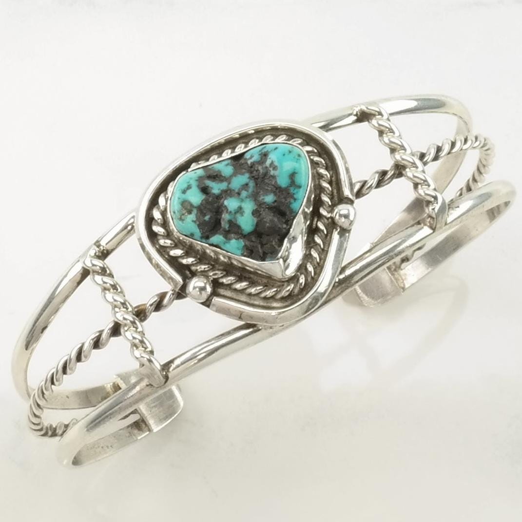 Southwest Sterling Silver Cuff Bracelet Blue Turquoise Rope