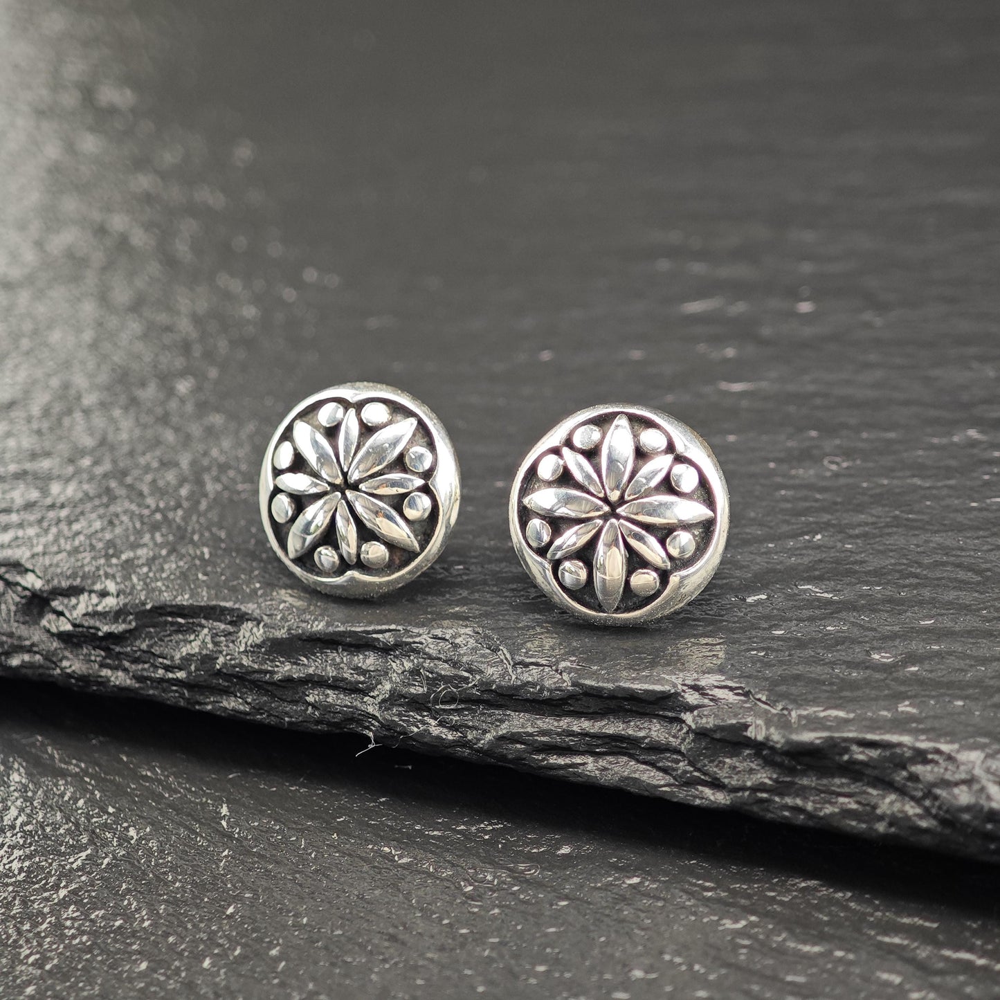 Vintage Overlay Floral Stud Earrings Sterling Silver