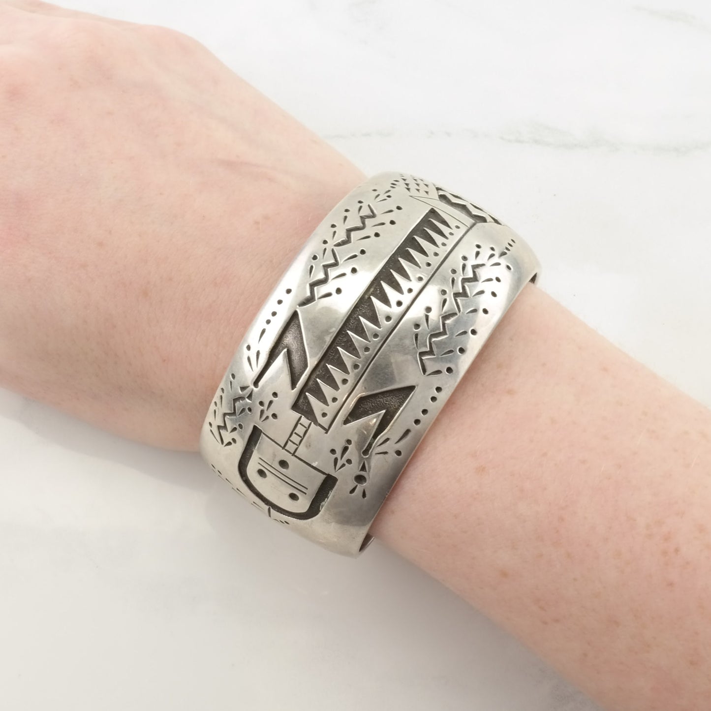 Vintage Native American, Begay Sterling Silver Cuff Bracelet Overlay Yei