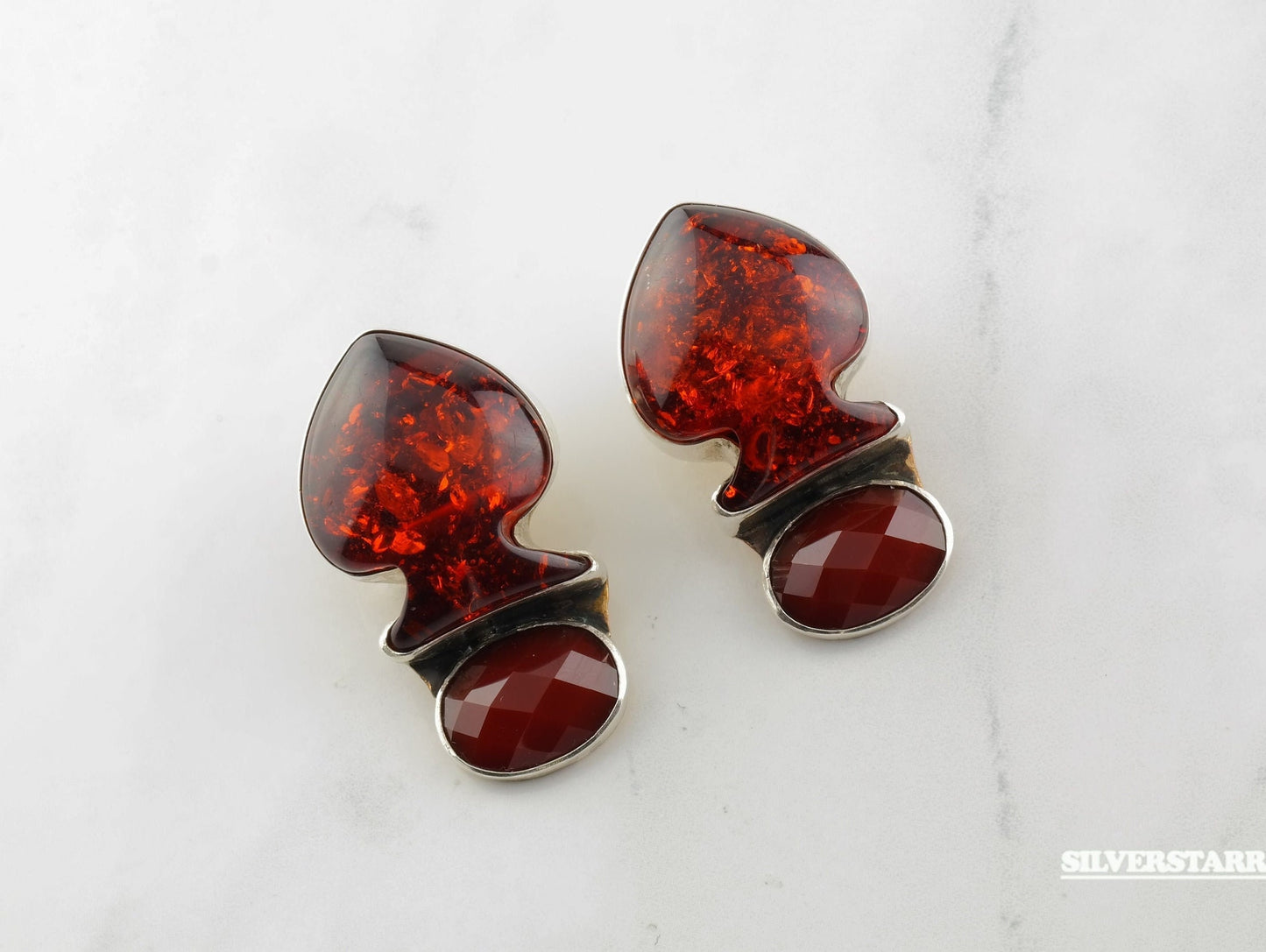 Sterling Silver Orange Red Amber Carnelian Clip-On Earrings