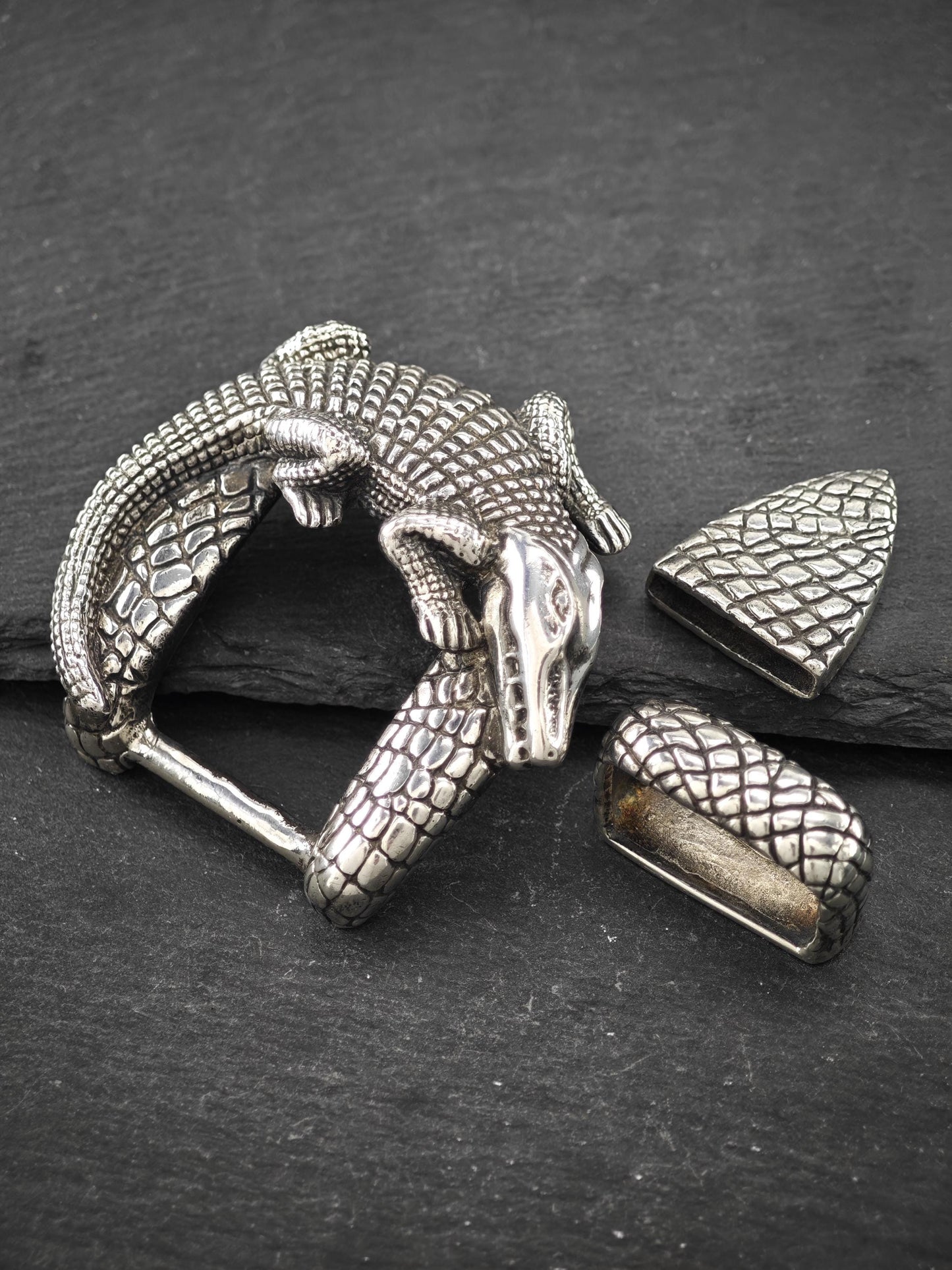 Vintage Jeff Deegan Alligator Belt Buckle Set Sterling Silver
