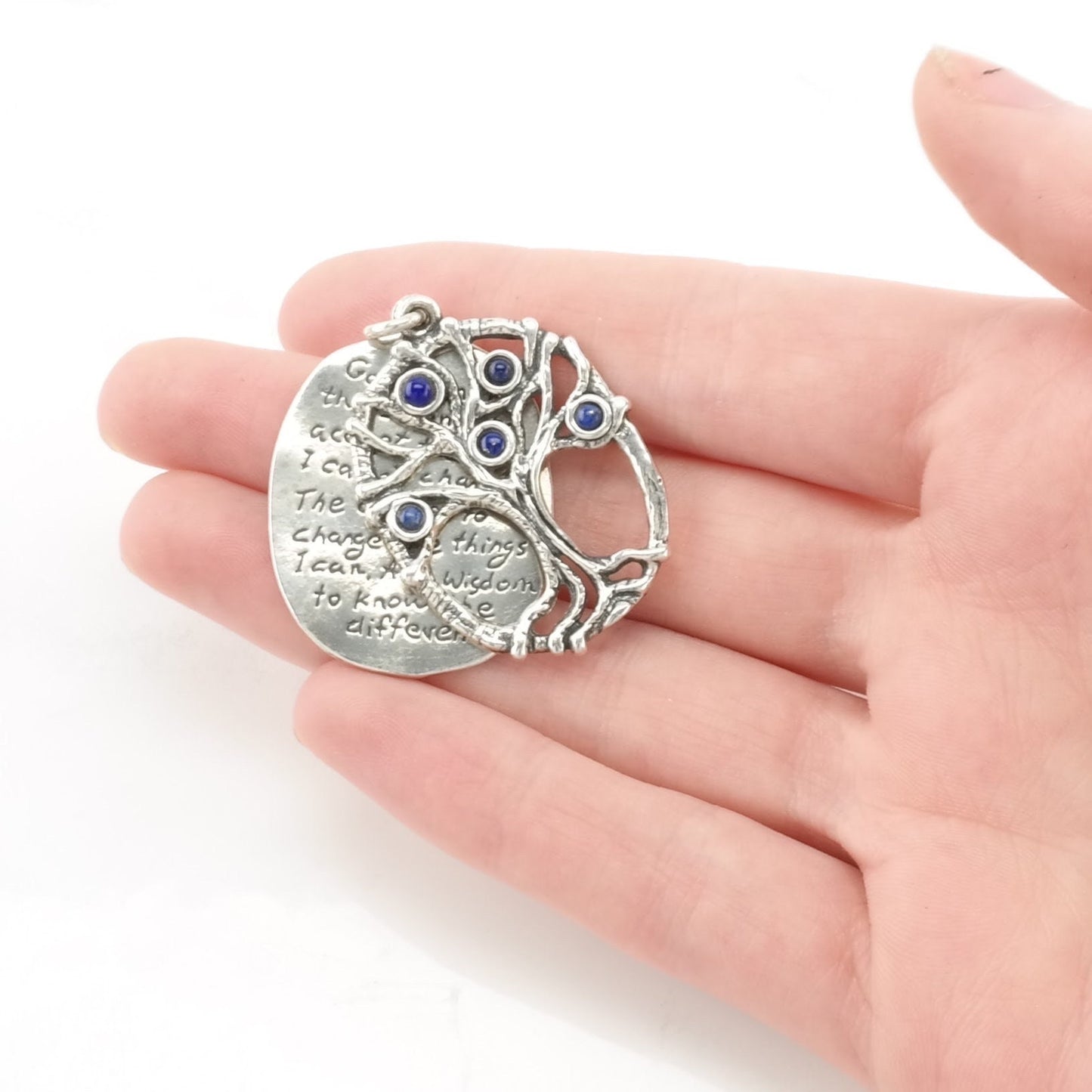 Vintage Lapis Lazuli Tree of Life, Prayer Sterling Silver Pendant