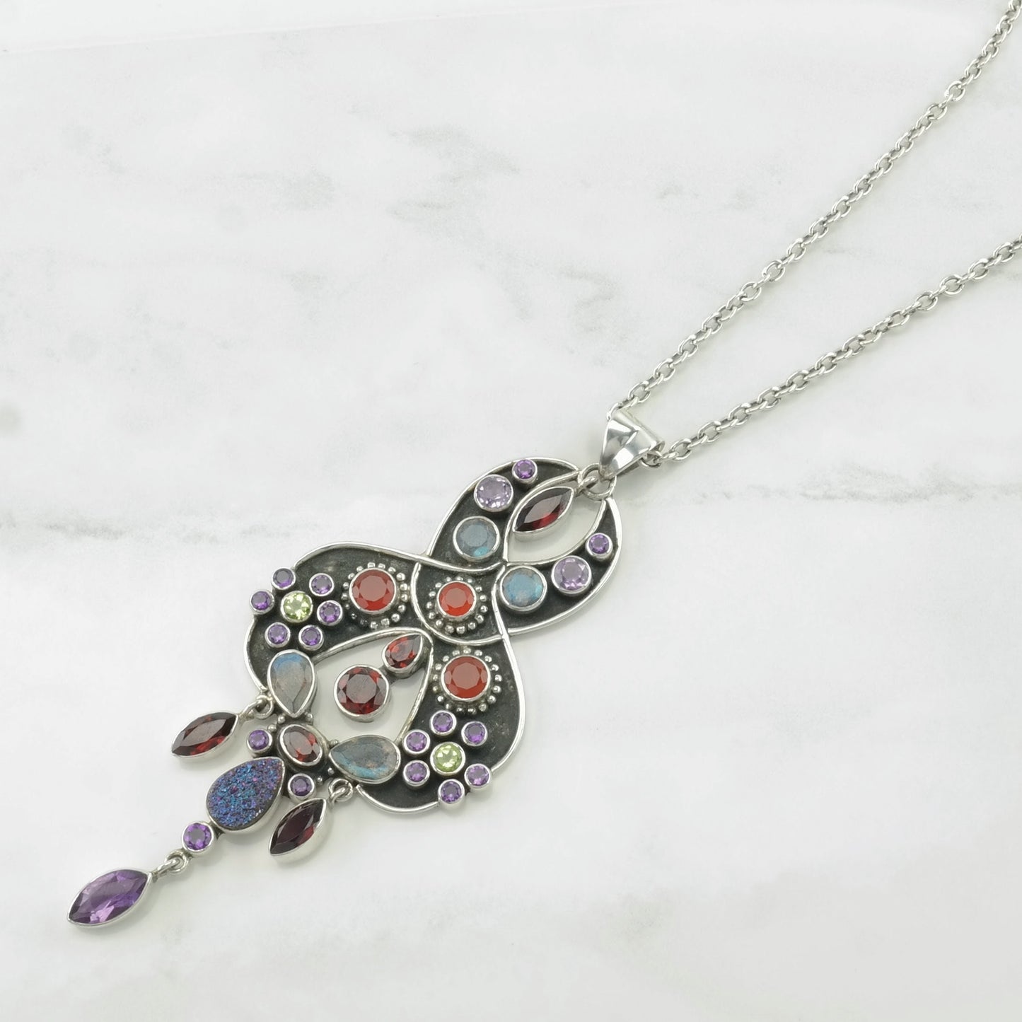 Vintage Nicky Butler Sterling Silver Garnet, Amethyst, Prasiolite, Labradorite Cluster Necklace