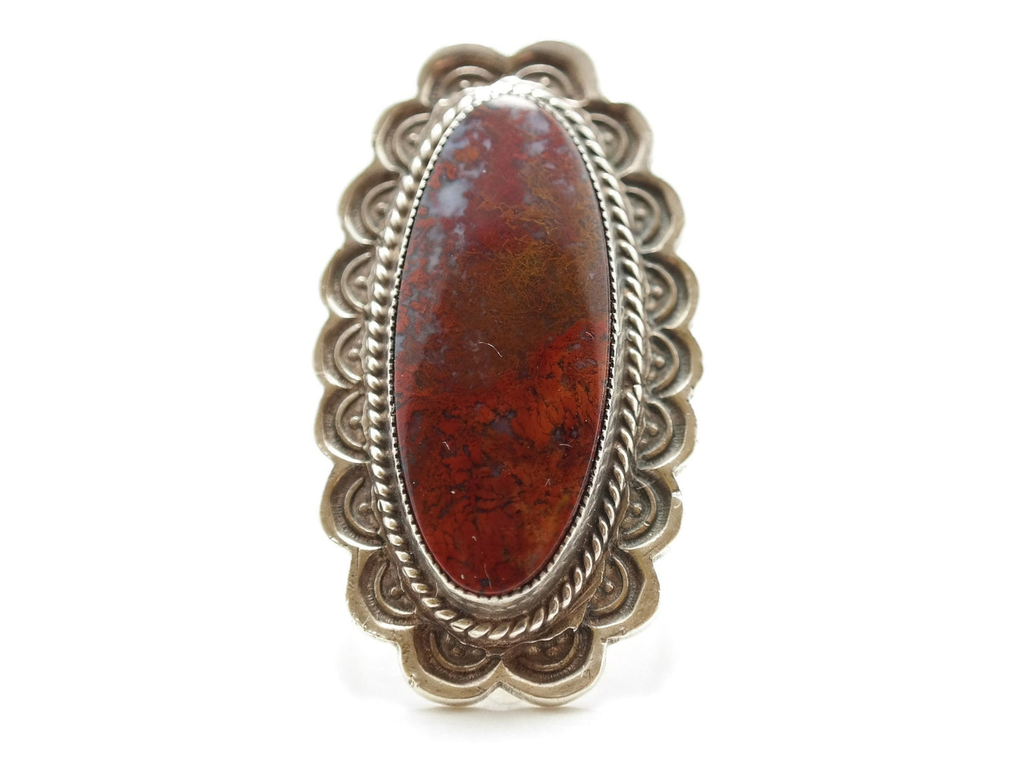 Vintage Native American Agate Ring Sterling Silver Scallop Size 8 1/4