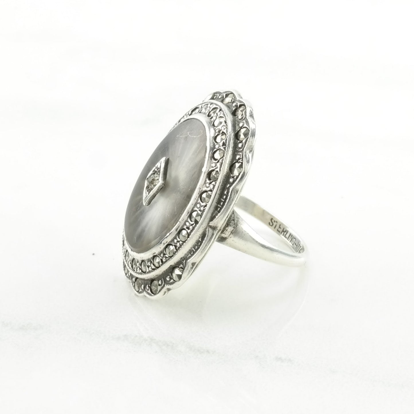 Vintage Art Deco Silver Ring Carved Stone Camphor Glass Sterling Size 5 3/4
