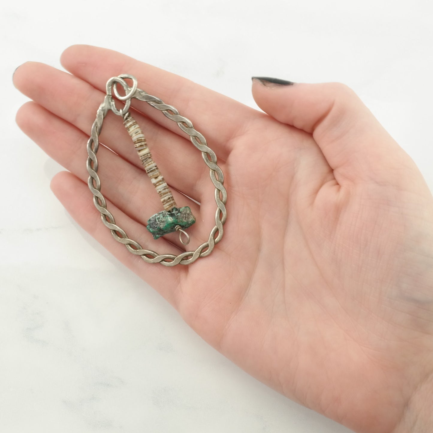 Vintage Native American Turquoise, Heishi Dangling Tomahawk Sterling Silver Pendant