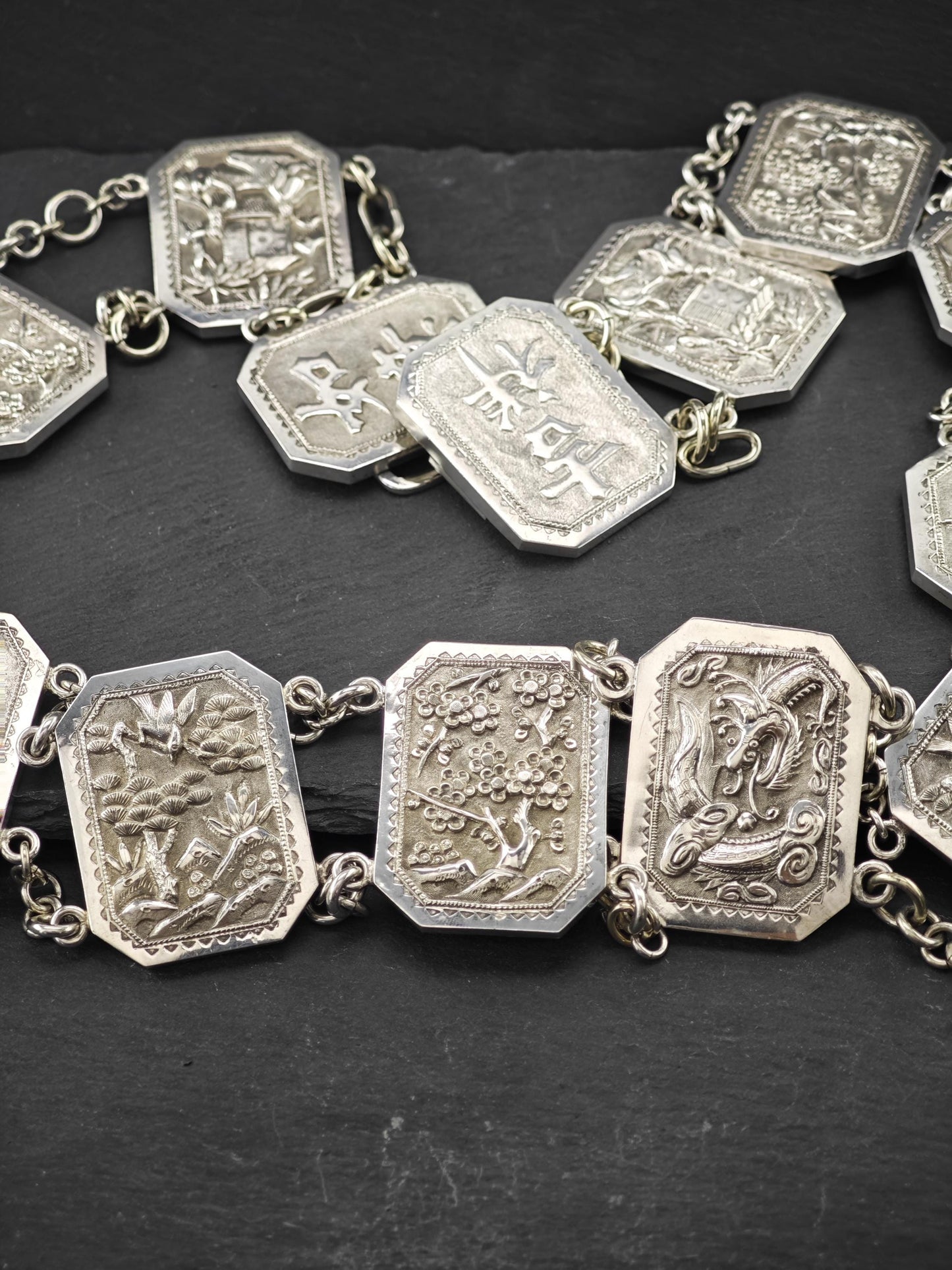 Antique Chinese Export Repousse Sterling Silver Belt Marked Hung Chong