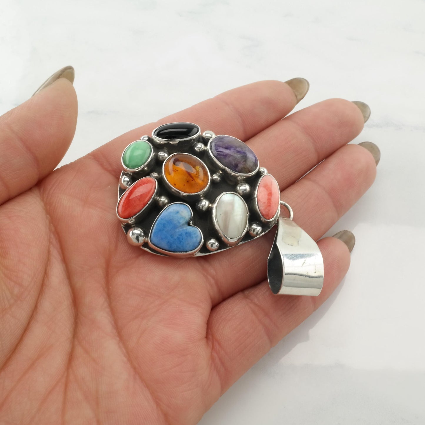 Vintage Silver Pendant Amber, Pearl, Onyx Multi Gem, Teardrop Sterling