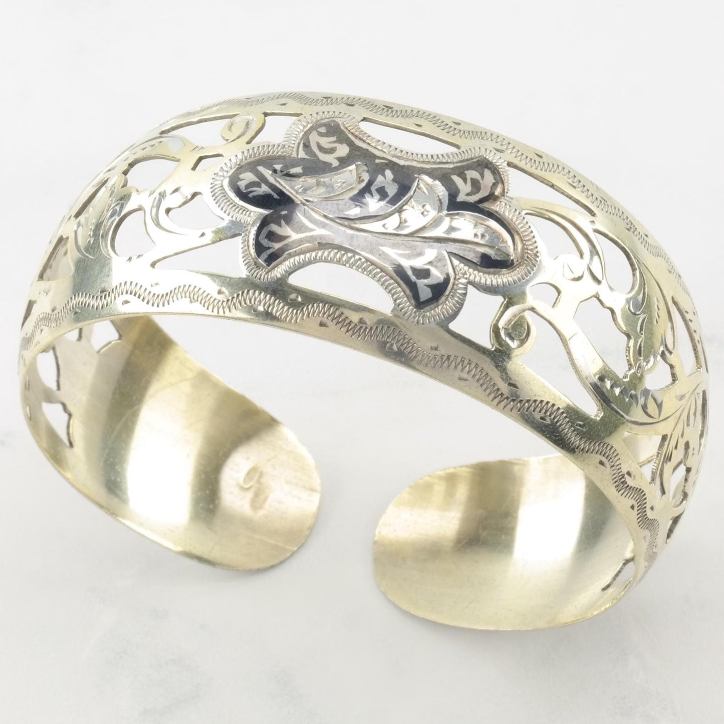 Niello Kubachi  Gold Gilded Filigree, USSR Sterling Silver Cuff Bracelet