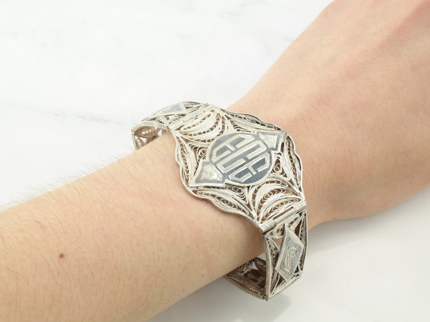 1943 Egyptian Sterling Silver Filigree Panel Bracelet Scenic