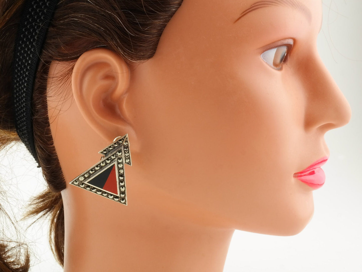 Geometric Sterling Silver Red Black Enamel, Marcasite Earrings