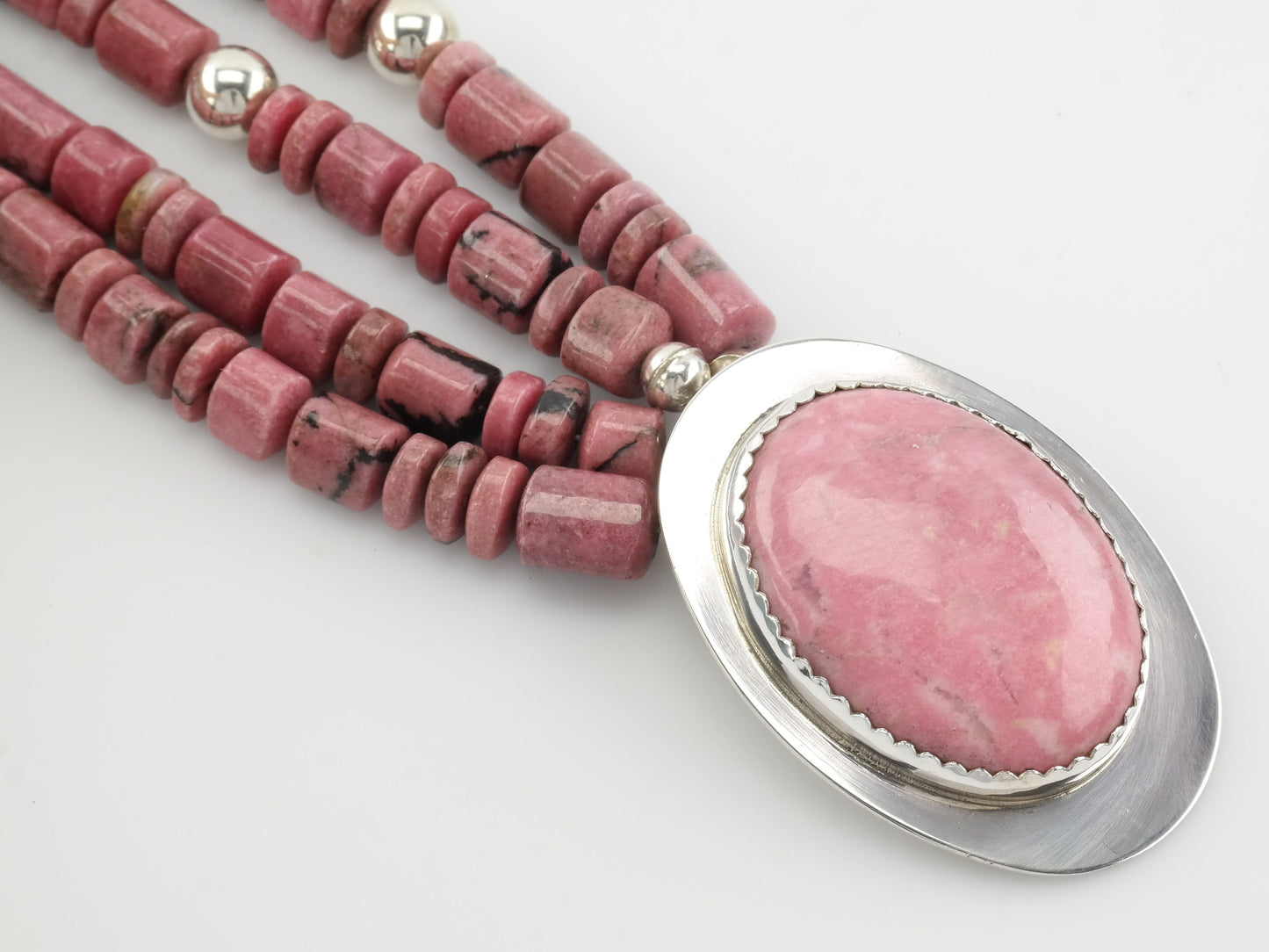 Pink Rhodonite Necklace | Sterling Silver & Rhodonite Bead Necklace | Southwestern Jewelry | Statement Necklace