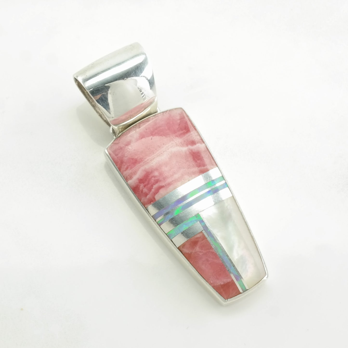 Vintage Southwest Rhodochrosite, Opal, MOP Inlay Sterling Silver Pendant