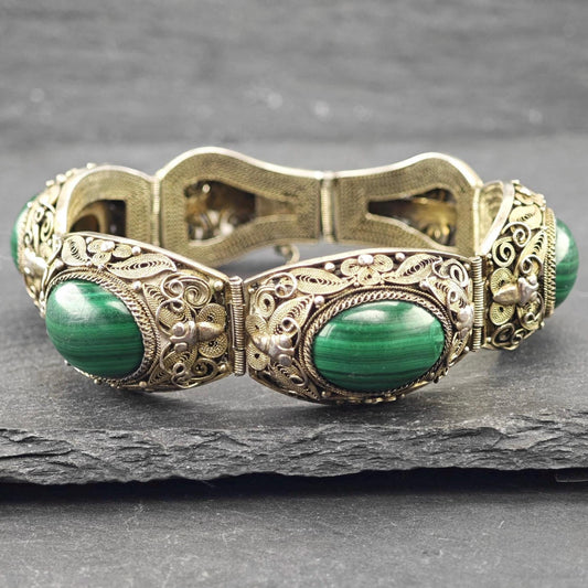 Chinese Silver Gilt Filigree, Malachite Panel Bracelet Sterling Silver
