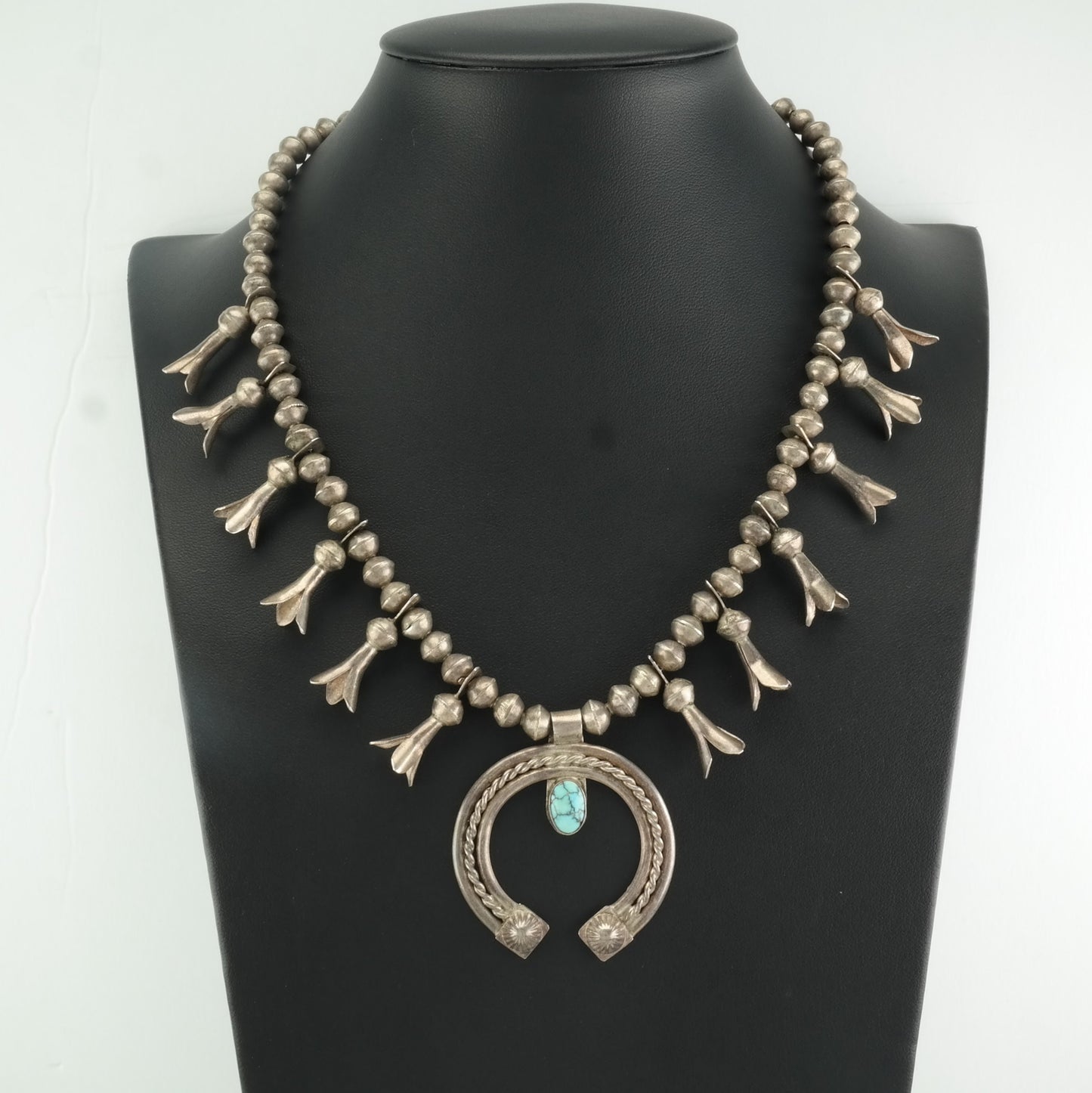 Vintage Native American Sterling Silver Blue Number 8, Squash Blossom Turquoise Necklace