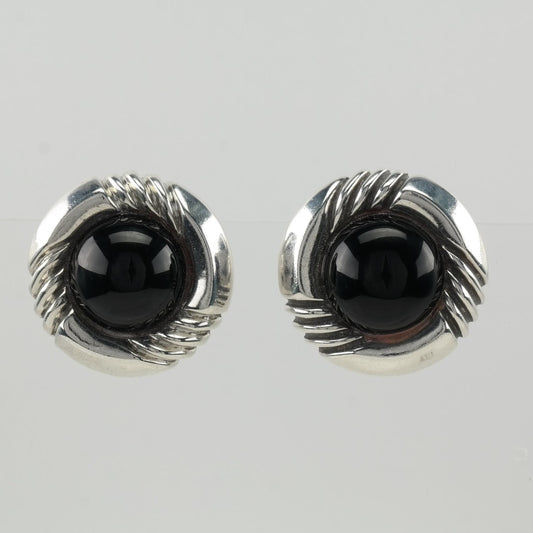 Modernist Sterling Silver Black Onyx Earrings Clip On