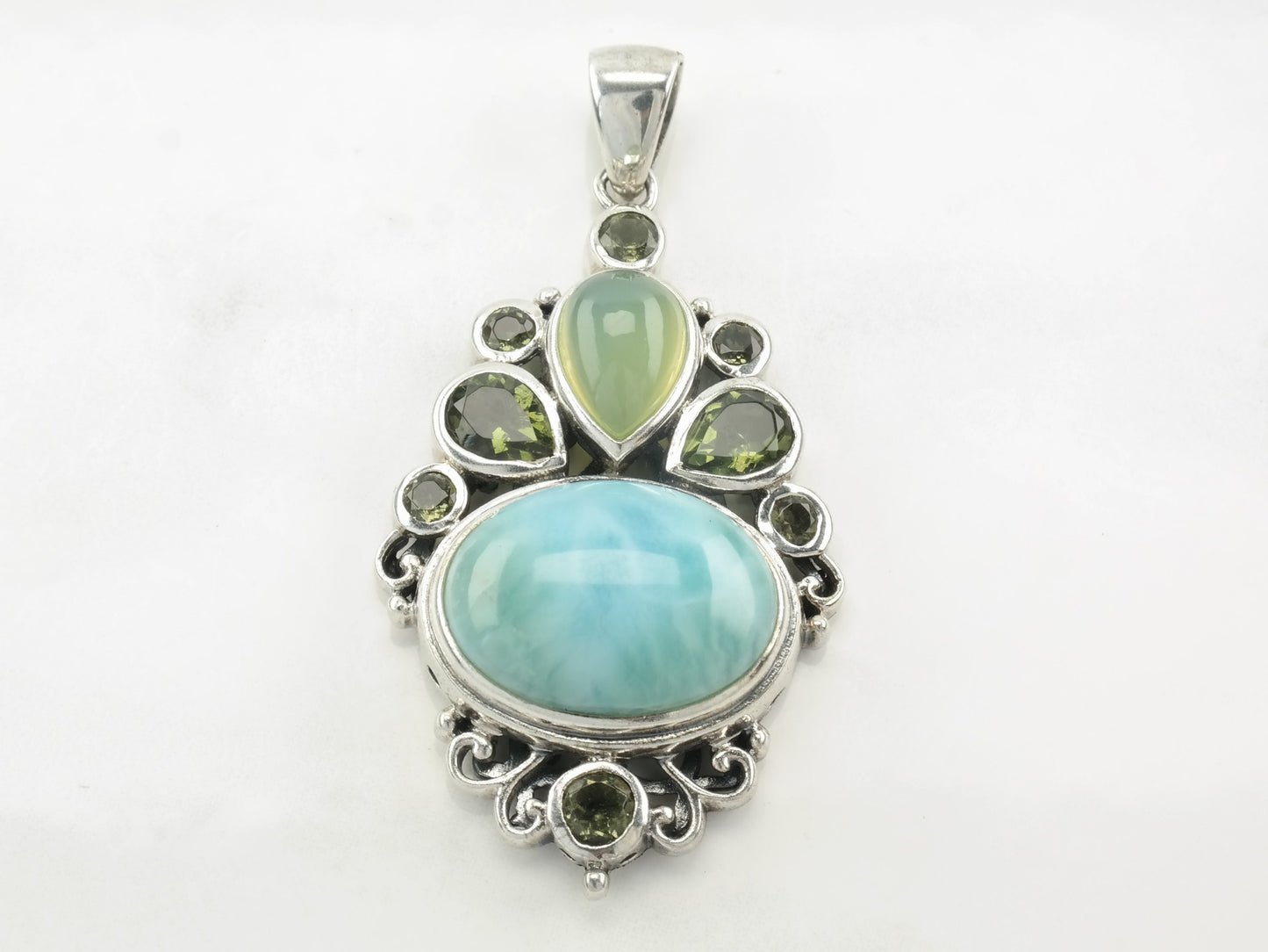 Vintage H&E Larimar, Chrome Diopside Sterling Silver Pendant
