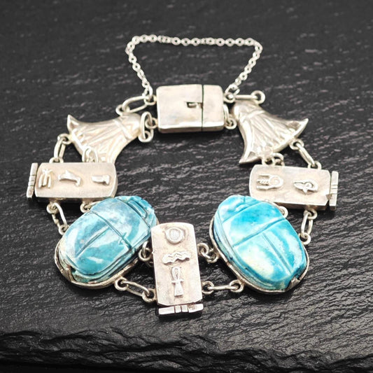 Egyptian Revival Cartouche & Carved Scarab Bracelet Sterling Silver