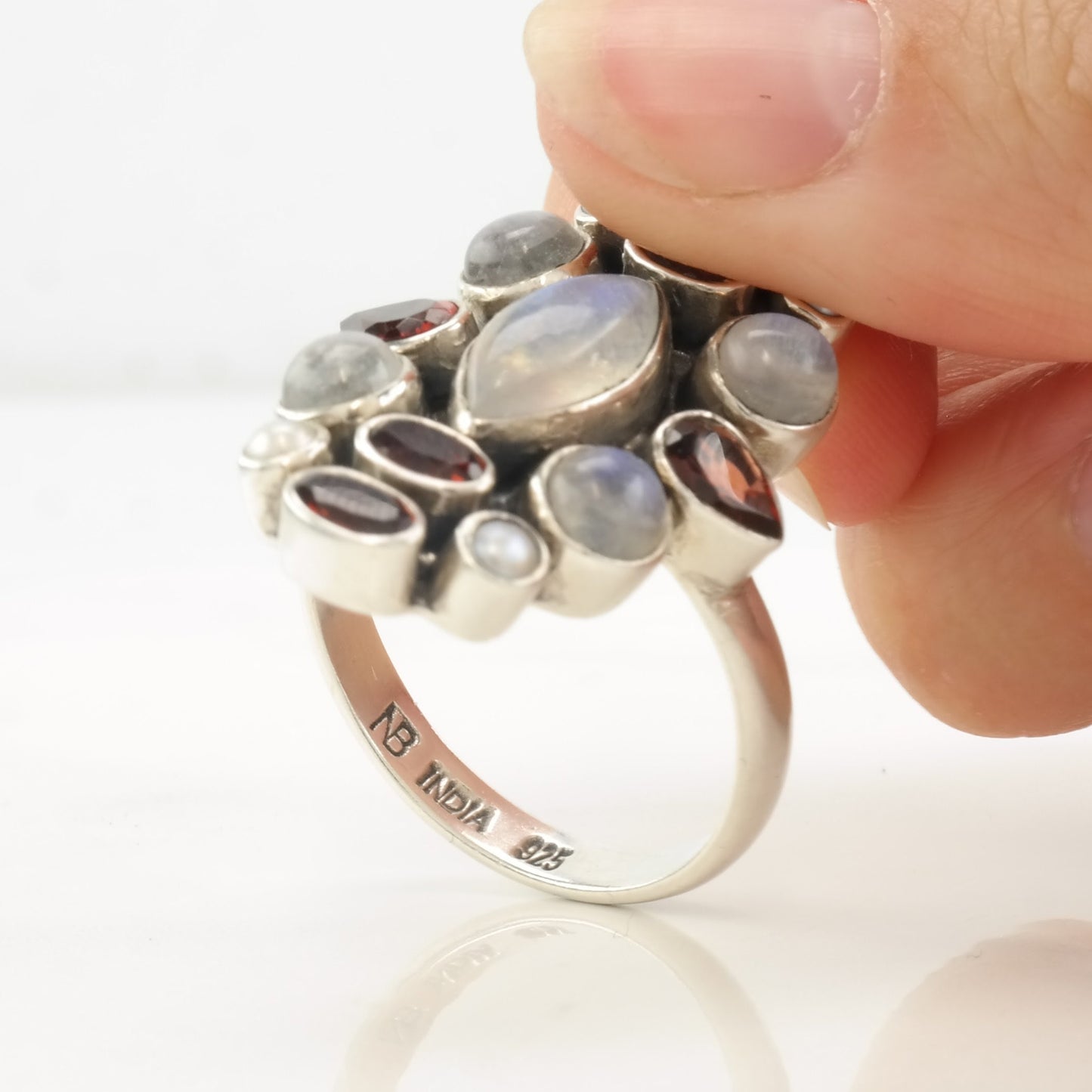 Vintage Nicky Butler Ring Moonstone, Garnet, Pearl Cluster Sterling Silver Size 12