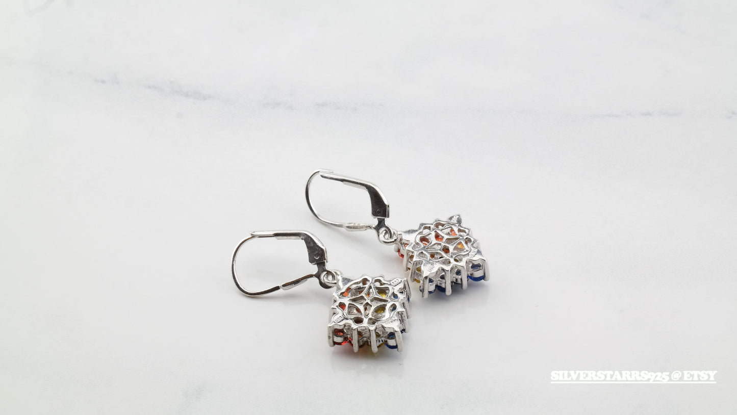 Sterling Silver Blue, Yellow, Orange, Red Sapphire, Diamond Earrings