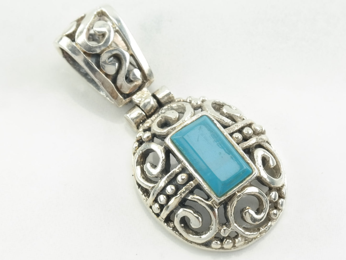 Vintage Block Turquoise Filigree Sterling Silver Pendant
